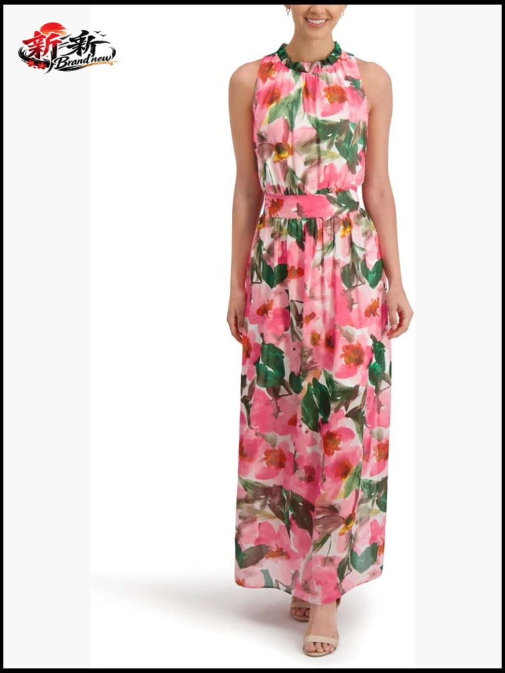 Sleeveless Halter Floral Maxi Dress A-Line Zipper